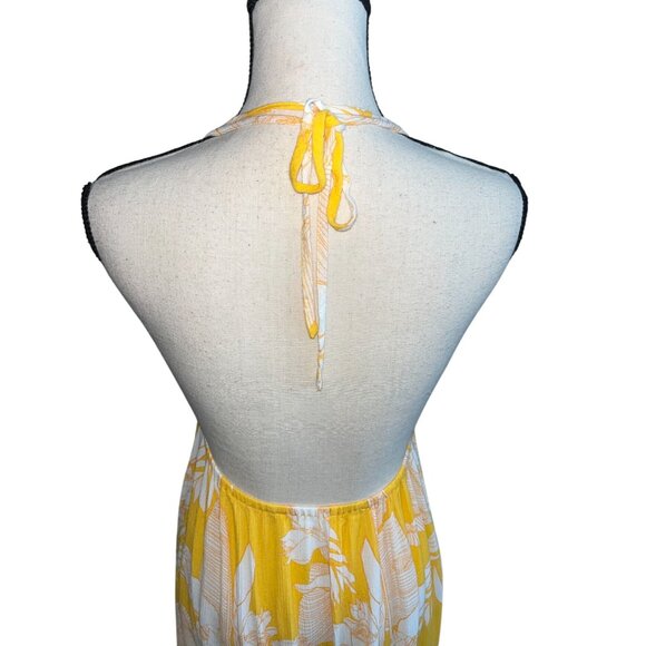 Yellow & White Tropical Halter Dress | Deep V-Neck | Open Back | Size 4-6 - Picture 8 of 9